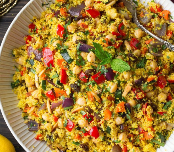 Moroccan Couscous with Roasted Vegetables Chick Peas and Almonds By Cooking Classy