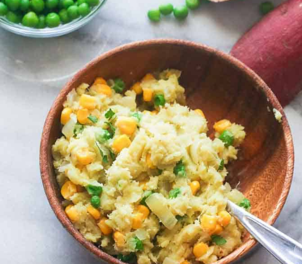 Mashed Sweet Potato Recipe with Peas and Corn (Irio) — a classic Kenyan dish that is a hearty combination of mashed sweet potatoes, peas, corn and sometimes spinach.