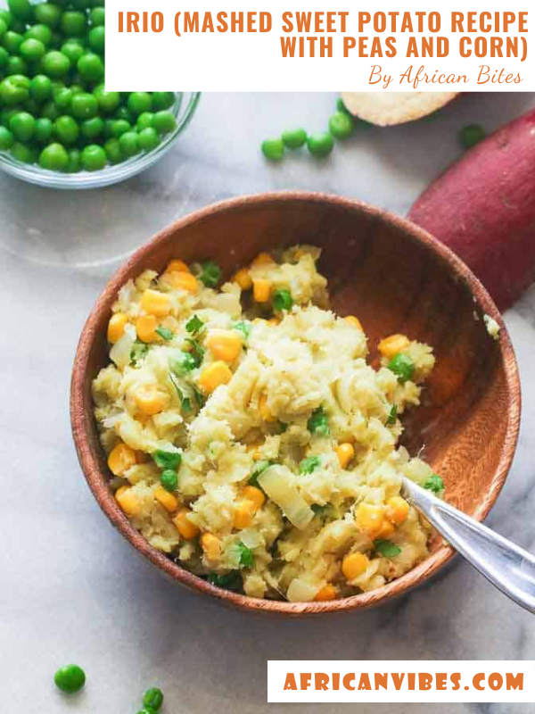 Mashed Sweet Potato Recipe with Peas and Corn (Irio) — a classic Kenyan dish that is a hearty combination of mashed sweet potatoes, peas, corn and sometimes spinach.