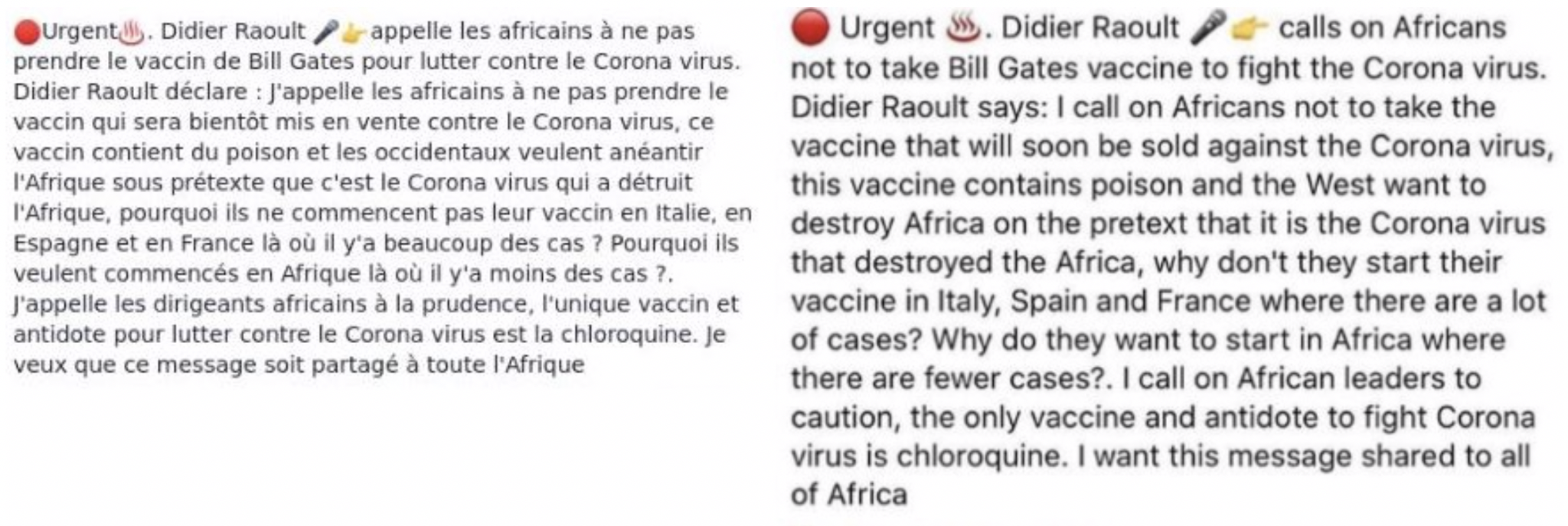 A copy of the original French message primarily spread on Facebook, versus the English translation primarily spread on Twitter on COVID-19 vaccine