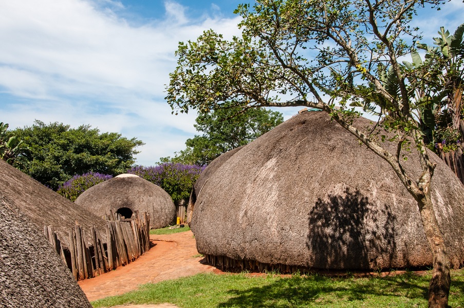 Zulu men give an example of stick fighting at Shakaland, KwaZulu