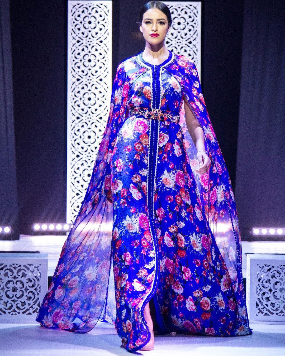 A beautiful blue flowery caftan dress designed by Safae ibrahimi