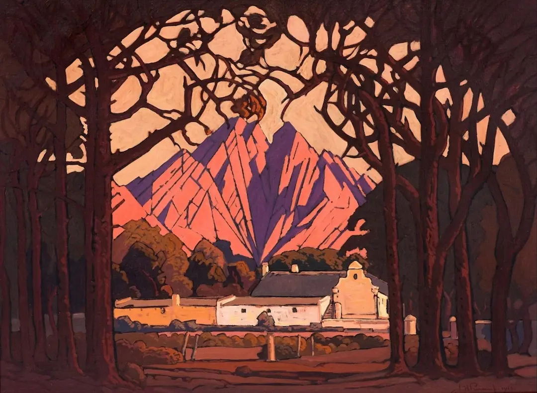 Farm Jonkershoek with Twin Peaks Beyond, Stellenbosch (1928), African landscape painting