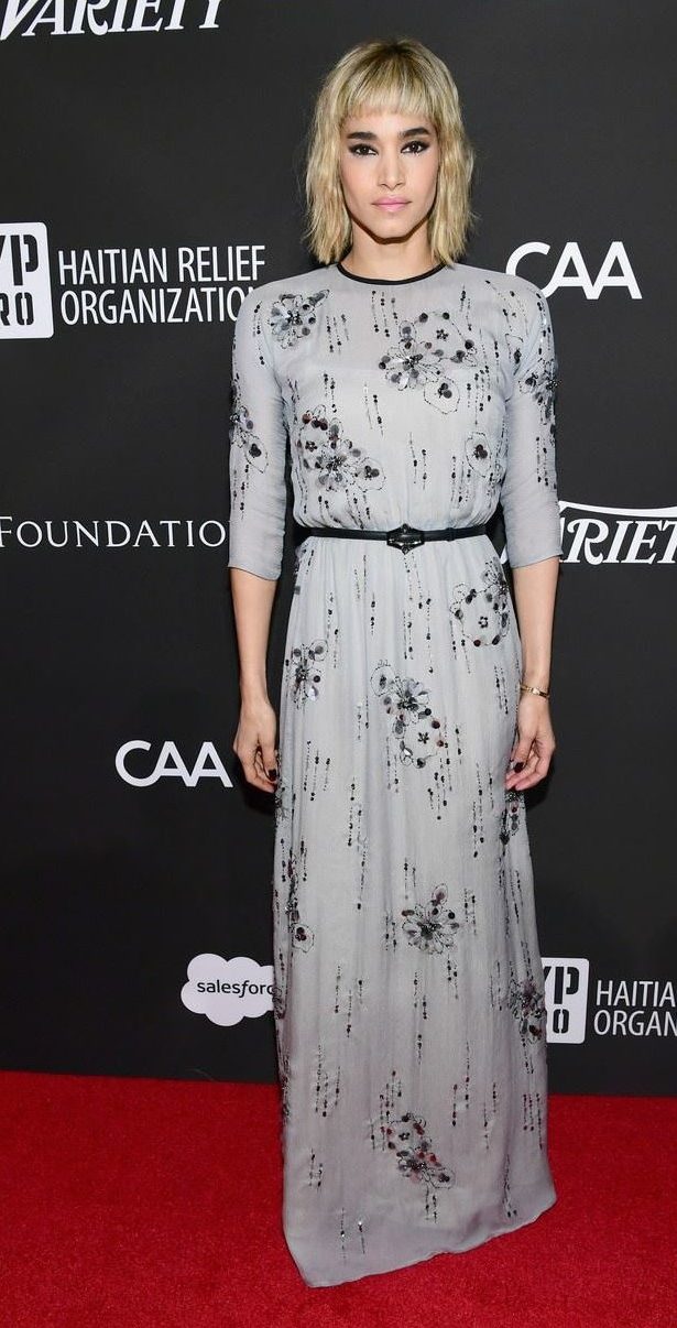 Sofia in a long stylish grey embellished dress