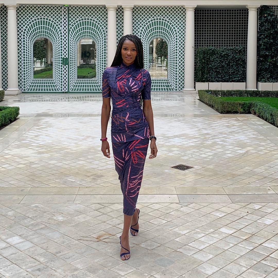 Agbani Darego rocking a calf-length trouser and matching top made from African print (Photo credit: @agbanidarego/Instagram)