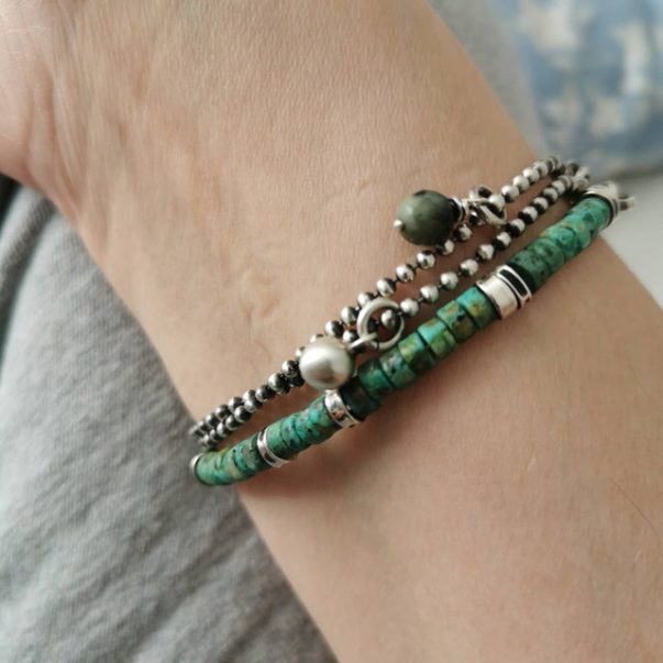 African Turquoise Handmade Bracelet with Oxidized Sterling Silver