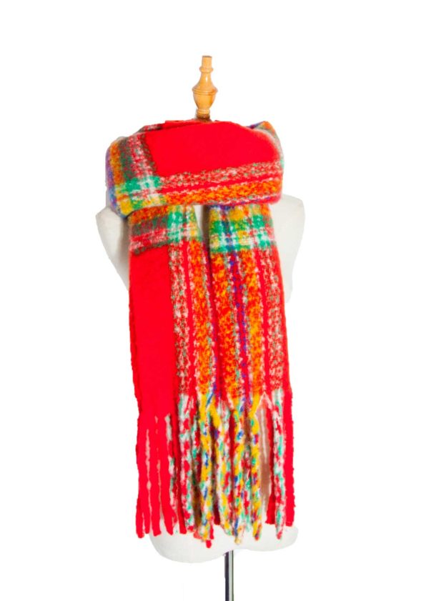 Orange Red Tassel Design Plaid Scarf