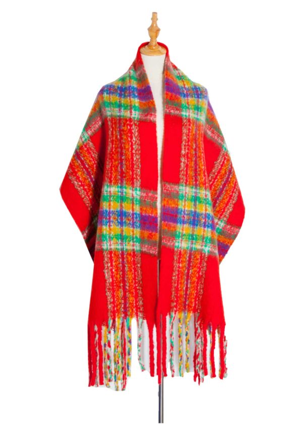 Orange Red Tassel Design Plaid Scarf