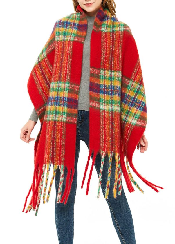 Orange Red Tassel Design Plaid Scarf
