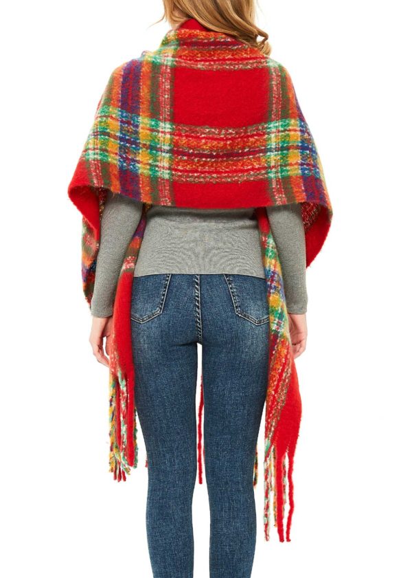 Orange Red Tassel Design Plaid Scarf