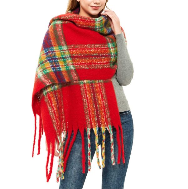 Orange Red Tassel Design Plaid Scarf