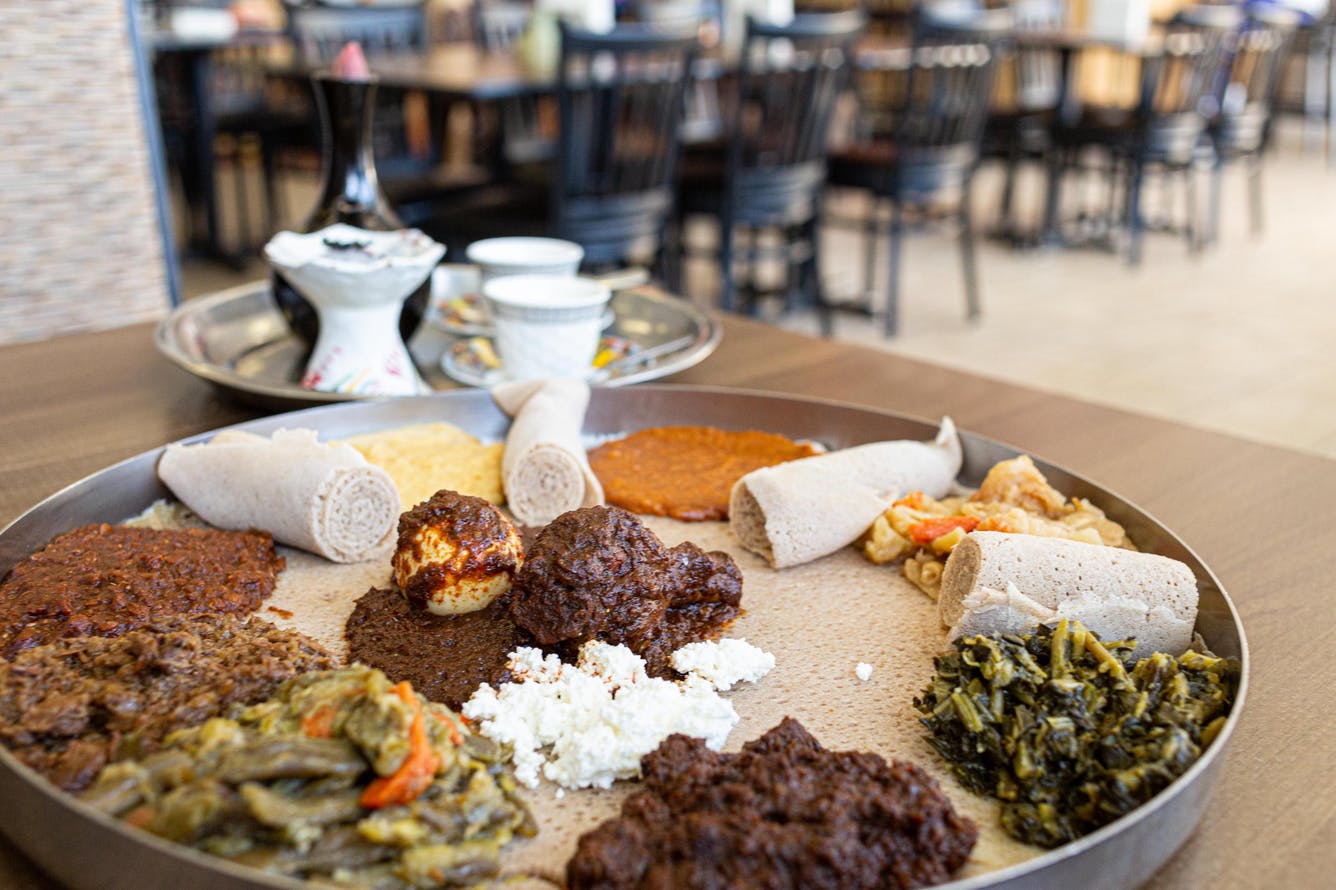 Top 10 African Restaurants In Los Angeles 7 A large platter of delicacies at Awash Ethiopian Restaurant