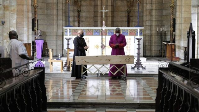 Bishop Tutu's image lying in state (Photo credit: BBC)