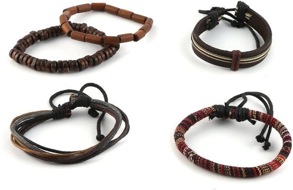 HZMAN Wrap Bracelets Men Women, Hemp Cords Wood Beads Ethnic Tribal Bracelets, Leather Wristbands