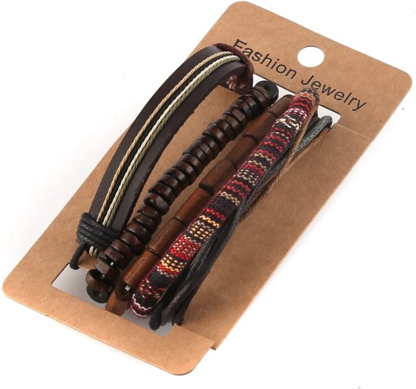 HZMAN Wrap Bracelets Men Women, Hemp Cords Wood Beads Ethnic Tribal Bracelets, Leather Wristbands
