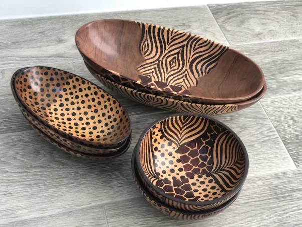 Kenyan Handmade Decorative Wooden Bowls with Mixed African Designs for Display Jewellery Holder Home Decor Unique African Giftset