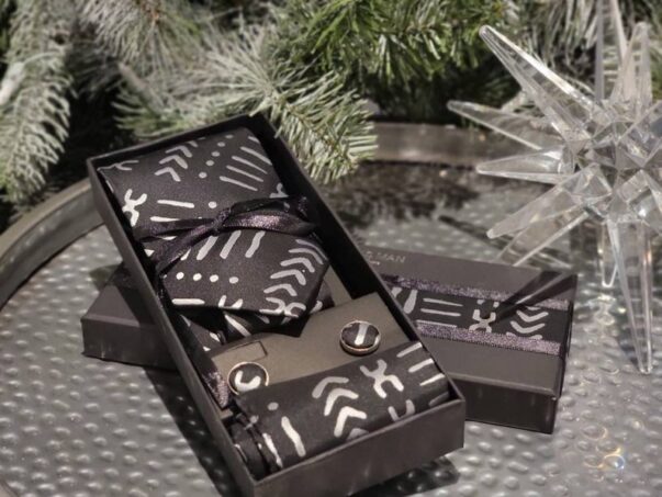 African Necktie Set for Men Black and White