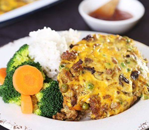 Lamb Bobotie with Rice & Mango Chutney served with Broccoli & Carrots By You Plate It