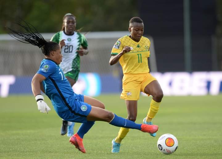 Thembi Kgatlana takes a blow at WAFCON 2022 (Photo credit: Nigfooty)