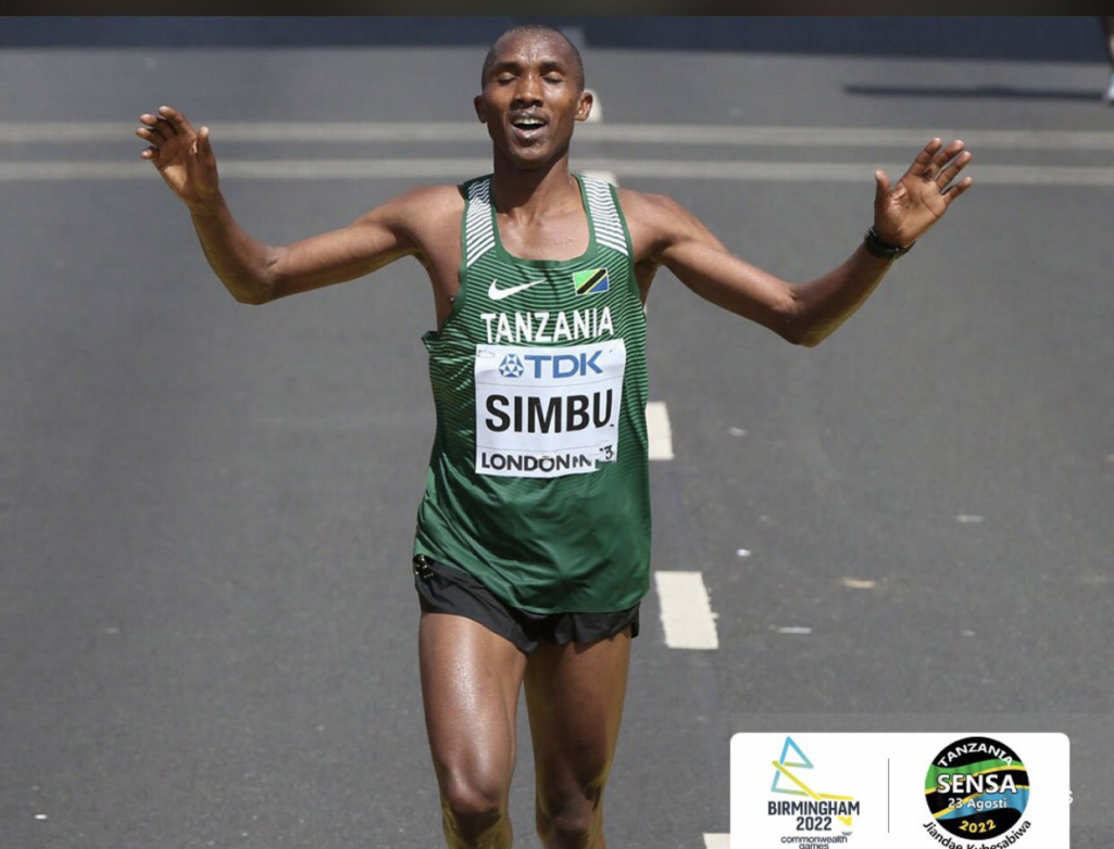 Tanzania's Alphonce Simbu celebrates a win in the athletics category Alphonce Simbu from Tanzania clenches a silver medal at the commonwealth games 2022