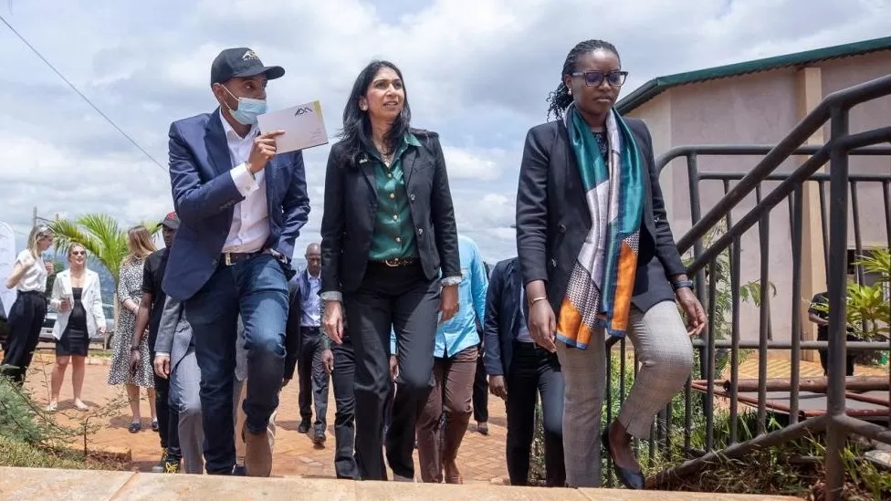 Ms Braverman (centre) pictured on a visit to Rwanda in March 2023 - UK-Rwanda Asylum