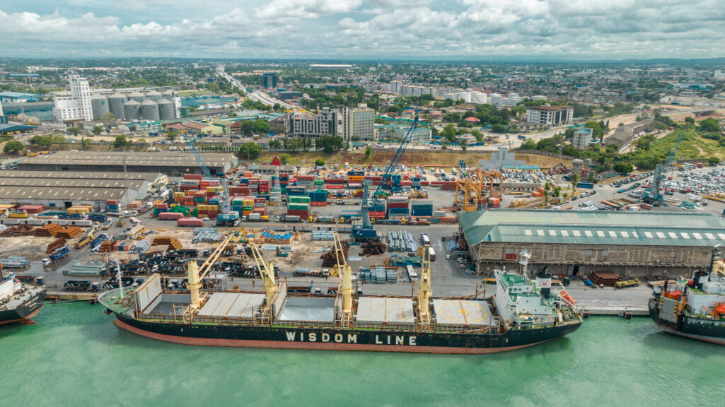 Container terminal and container ship in port of Dar es Salaam